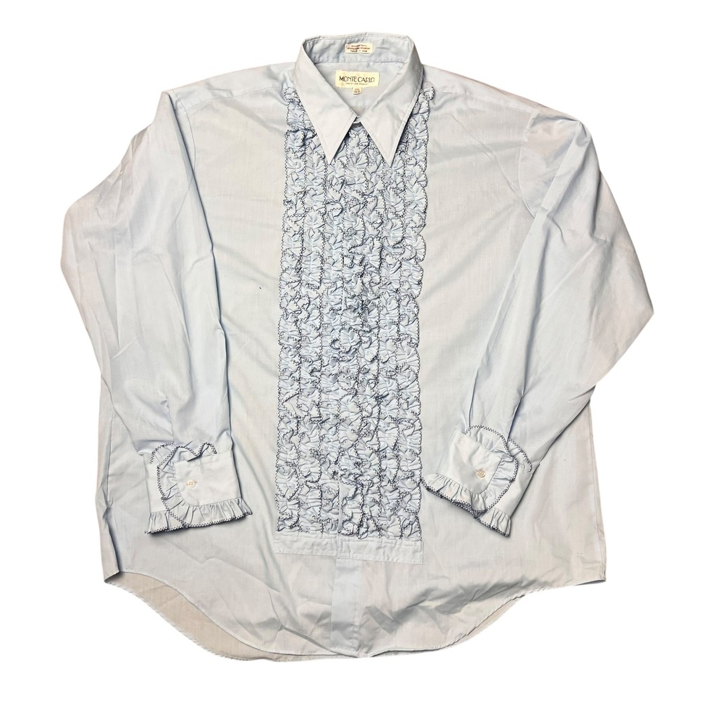 Vintage Monte Carlo Mens Blue Ruffle Tuxedo Shirt Bib Front 17.5 34/35 Retro